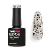 The Edge gel polish bottle with a cleae top coat with black and gold flakes nail on a white background
