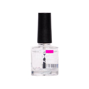 A bottle of clear nail polish with a black cap and a bright pink label accent, shown against a plain white background.