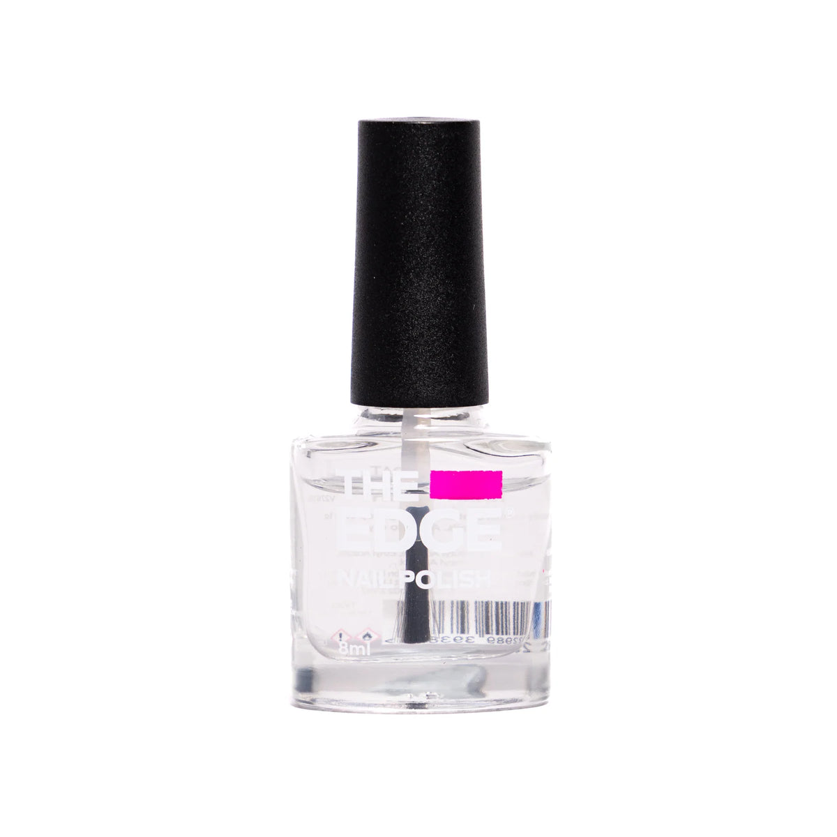 A bottle of clear nail polish with a black cap and a bright pink label accent, shown against a plain white background.