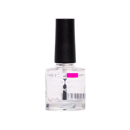 A bottle of clear nail polish with a black cap and a bright pink label accent, shown against a plain white background.