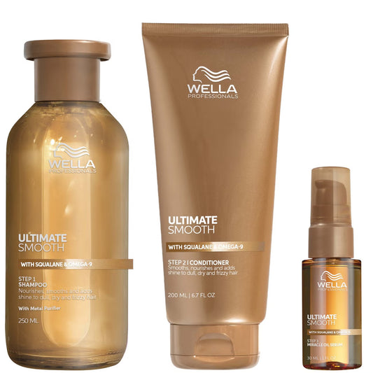 Wella Professionals hair care product set including shampoo, conditioner, and serum on a white background