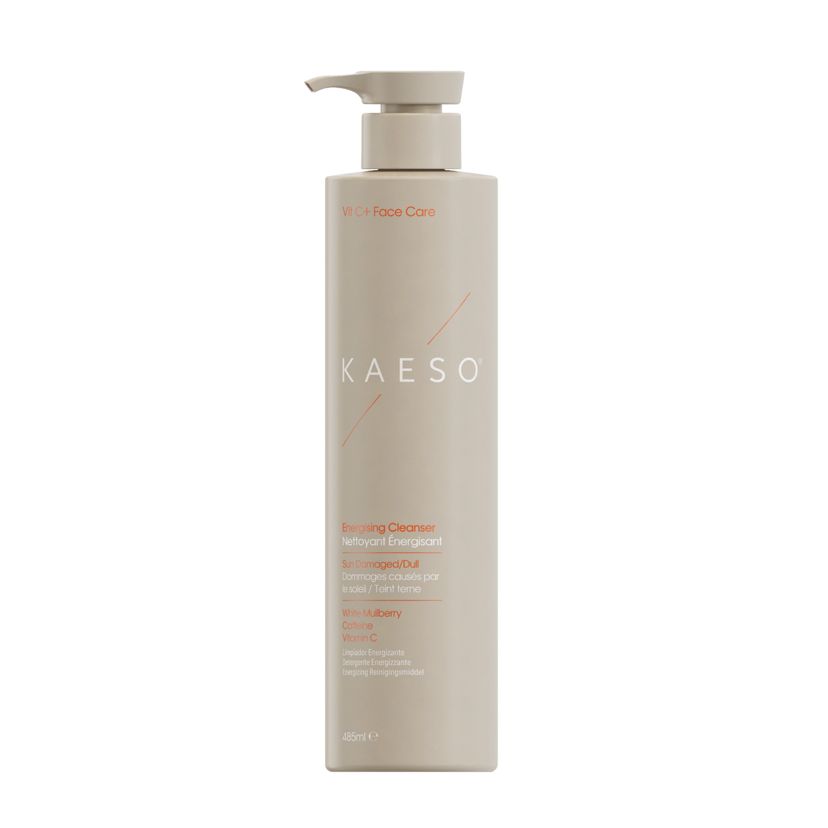 KAESO Skin + Face Care Squeaky Cleanser in a tall, matte beige pump bottle, centered on a plain white background.