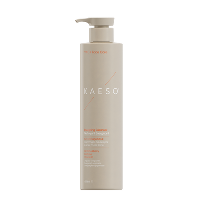 KAESO Skin + Face Care Squeaky Cleanser in a tall, matte beige pump bottle, centered on a plain white background.