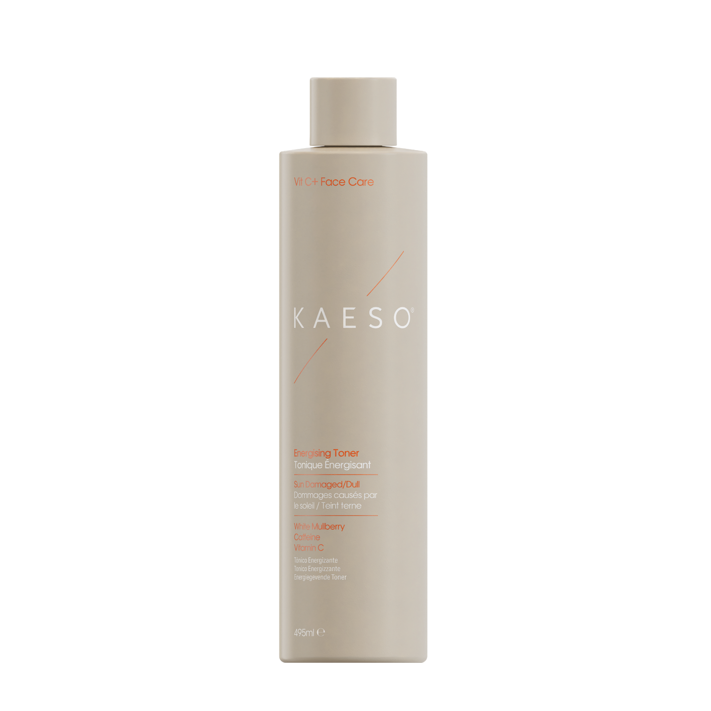 KAESO Wake + Face Care Wake-Up Toner in a tall, cylindrical beige bottle with a matching cap, shown on a plain white background.