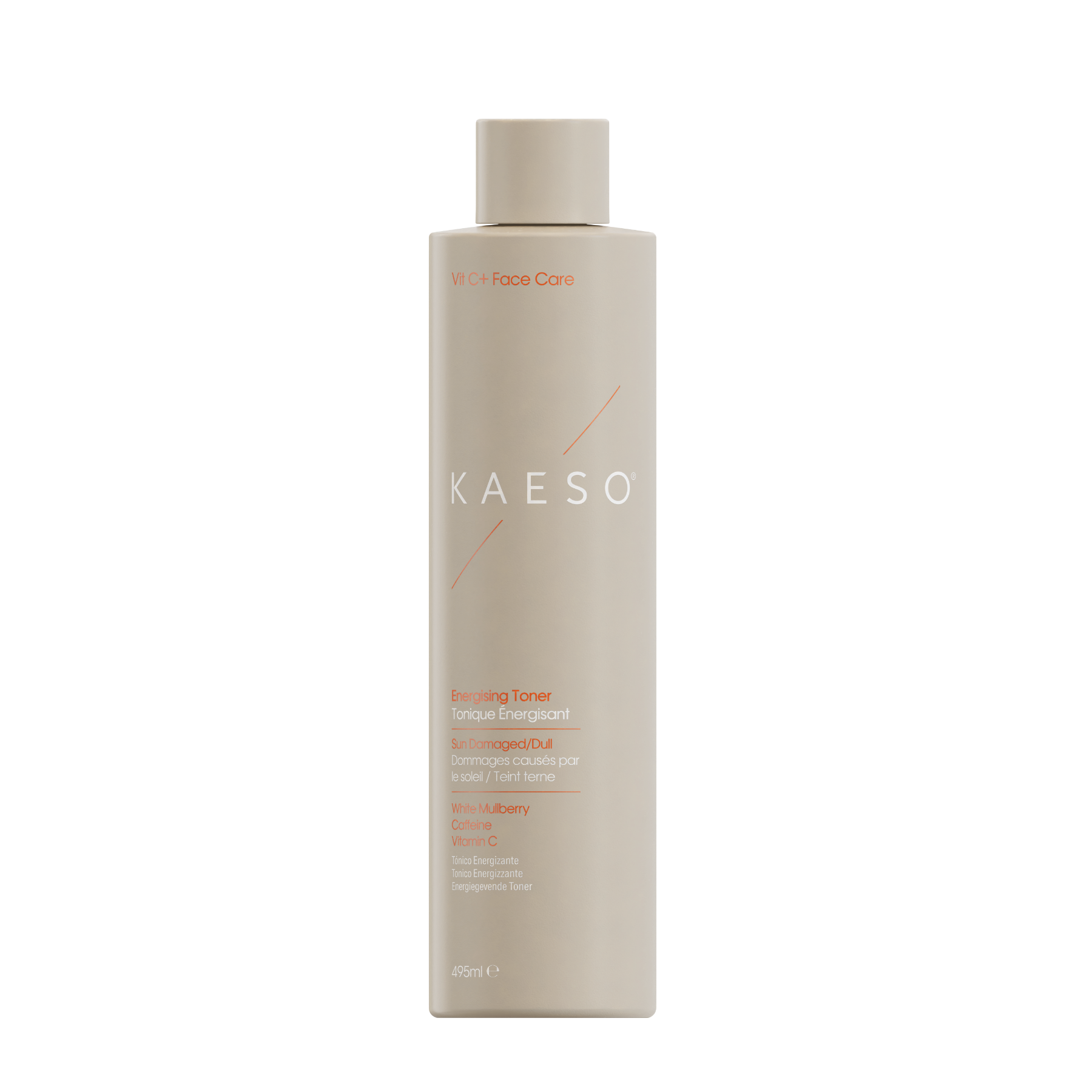 KAESO Wake + Face Care Wake-Up Toner in a tall, cylindrical beige bottle with a matching cap, shown on a plain white background.