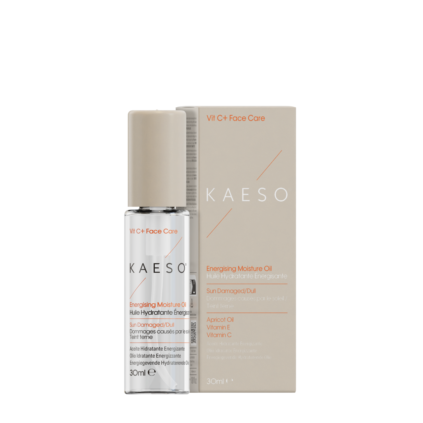 KAESO skincare oil bottle and packaging on a white background