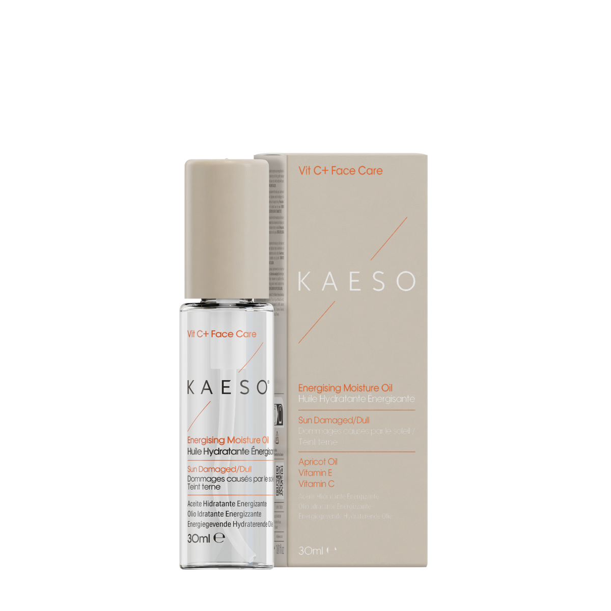 KAESO skincare oil bottle and packaging on a white background