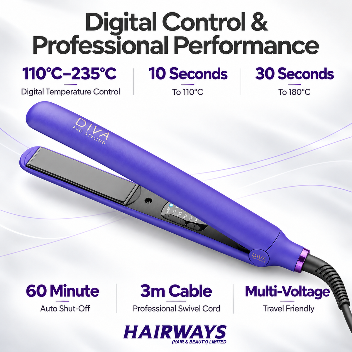 Purple DIVA by Hairways flat iron hair straightener shown on a white background with promotional text highlighting digital temperature control, speed, cable length, and travel-friendly multi-voltage feature.