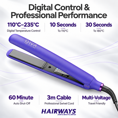 Purple DIVA by Hairways flat iron hair straightener shown on a white background with promotional text highlighting digital temperature control, speed, cable length, and travel-friendly multi-voltage feature.