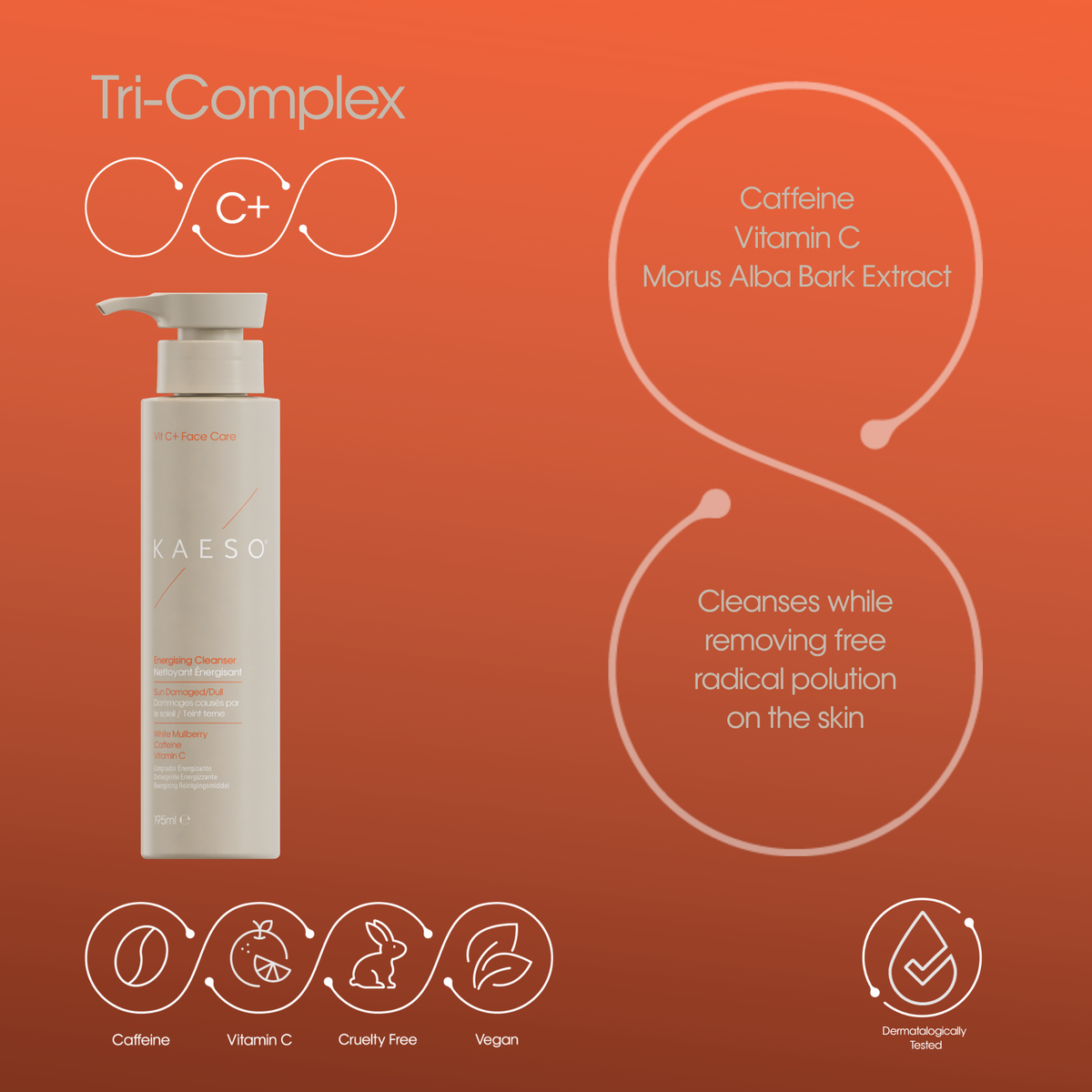 KAESO Tri-Complex C+ serum pump bottle on a warm orange gradient background with product feature callouts and ingredient icons.