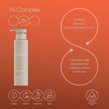 KAESO Tri-Complex C+ serum pump bottle on a warm orange gradient background with product feature callouts and ingredient icons.