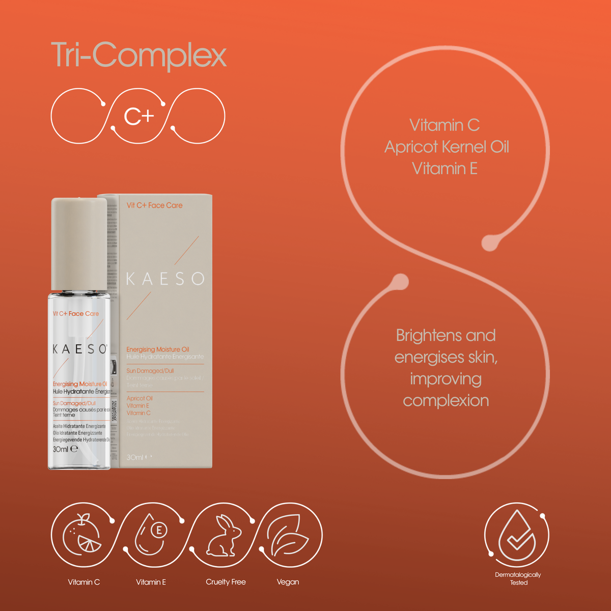 KAESO Tri-Complex Embracing Moisturizer set featuring a clear bottle with white cap and its matching beige box, displayed on an orange background with product benefits and ingredient callouts.