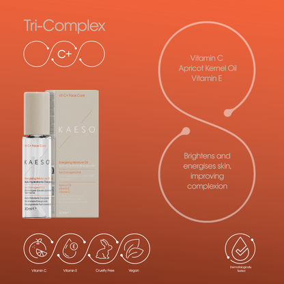 KAESO Tri-Complex Embracing Moisturizer set featuring a clear bottle with white cap and its matching beige box, displayed on an orange background with product benefits and ingredient callouts.