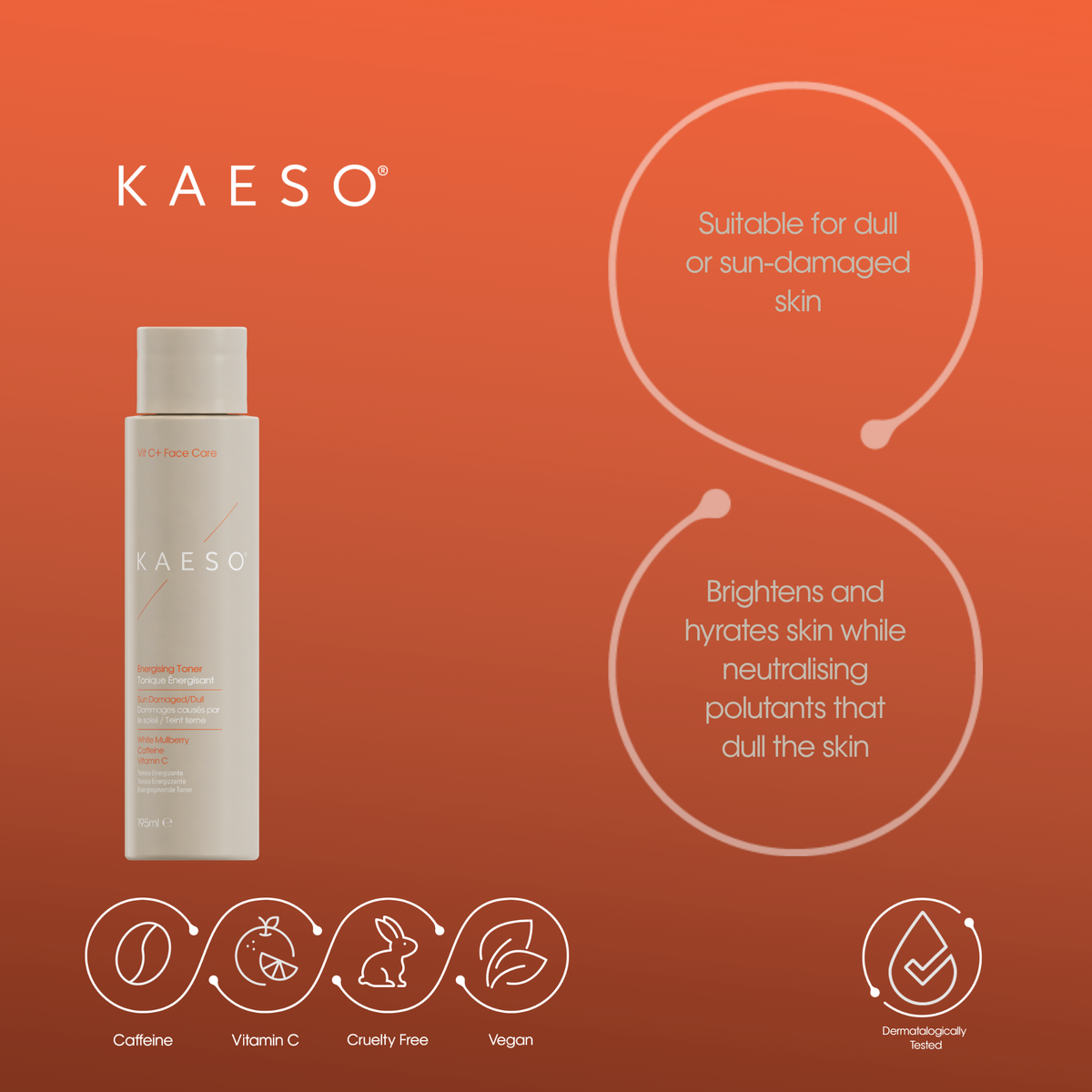 KAESO Vitamin & Care Brightening Cleanser bottle on a warm orange gradient background with product benefits and icons displayed.