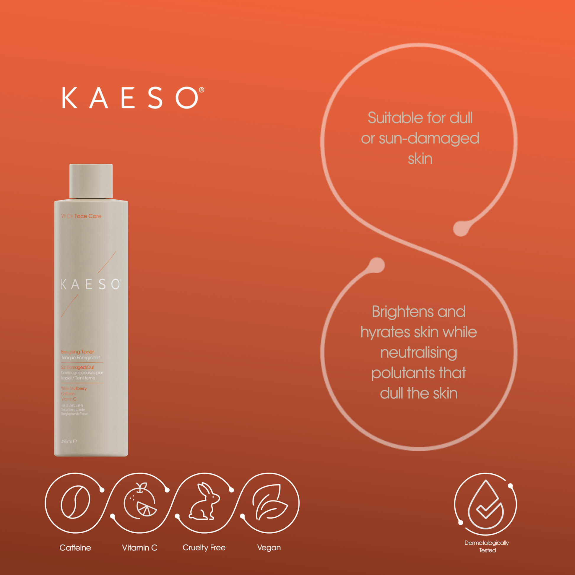 KAESO skincare bottle on a warm orange gradient background with product claims and feature icons. The bottle is a light warm gray/cream color with white text.