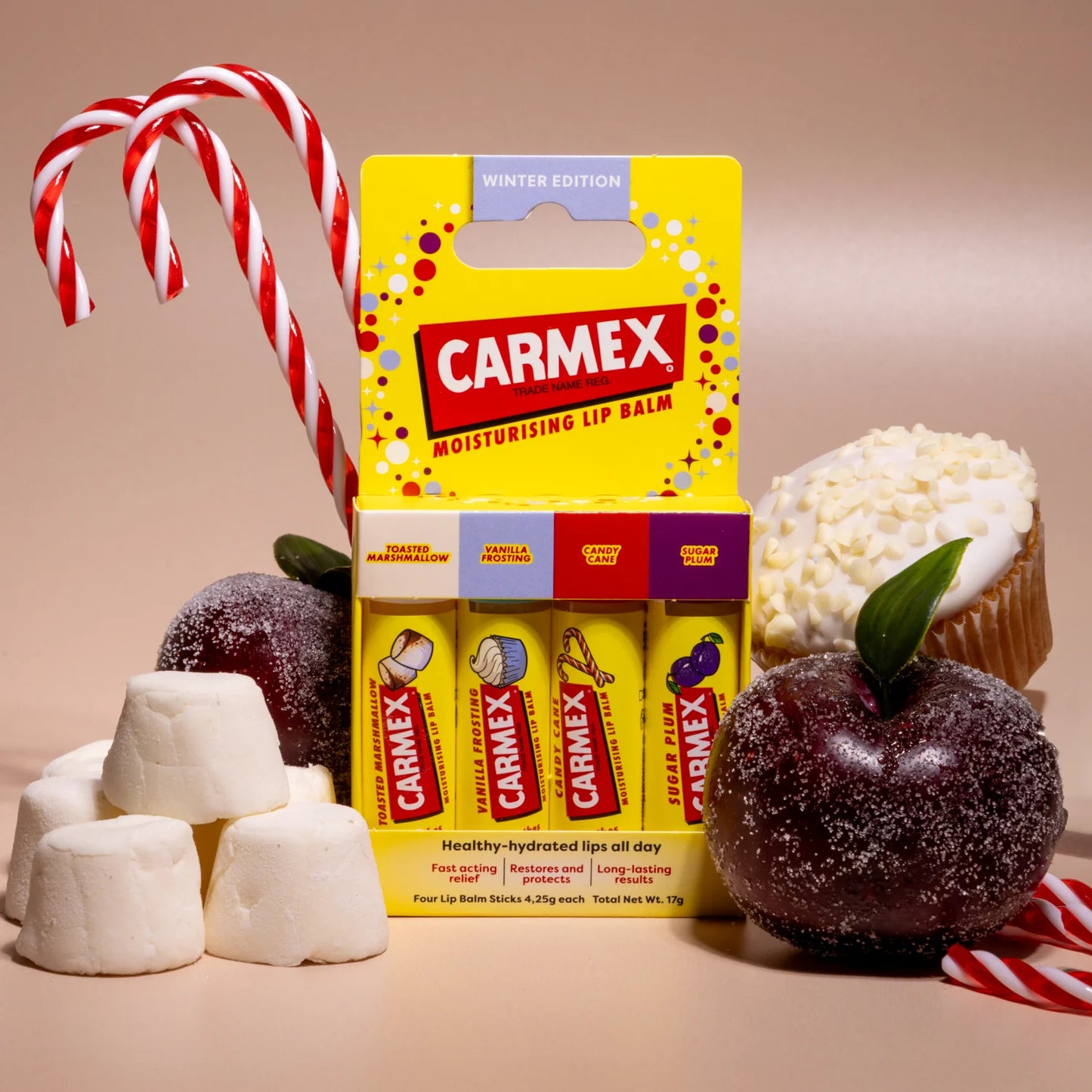 Carmex Winter Edition 4 Pack – Toasted Marshmallow, Vanilla Frosting, Candy Cane & Sugar Plum Lip Balms