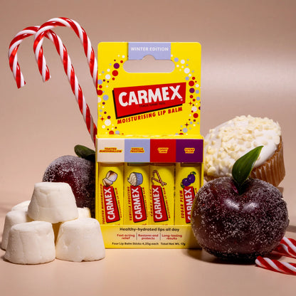 Carmex Winter Edition 4 Pack – Toasted Marshmallow, Vanilla Frosting, Candy Cane & Sugar Plum Lip Balms