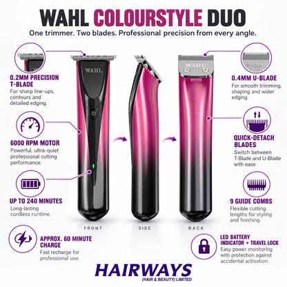 Wahl ColourStyle Duo professional trimmer shown from front side and back with dual blade, runtime and cutting feature highlights