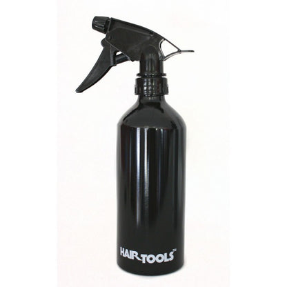 A black aluminum water spray can with a label reading 'HAIR-TOOLS', designed for hair styling.