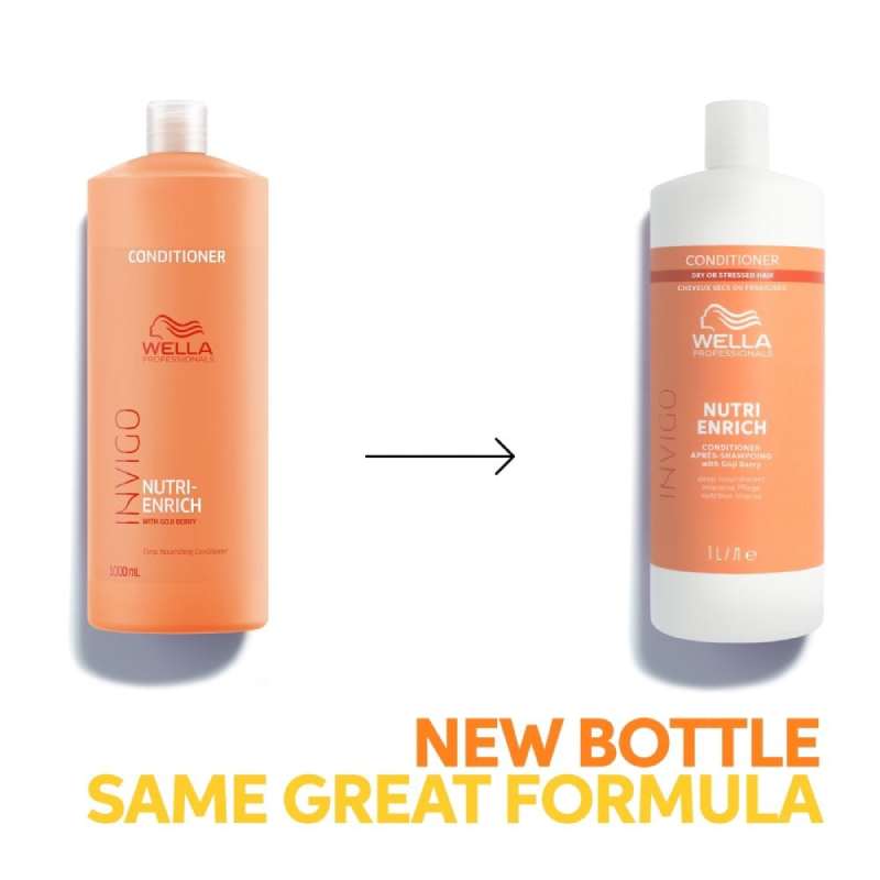Two bottles of Wella Invigo conditioner with an arrow pointing from the old to the new bottle design on a white background.