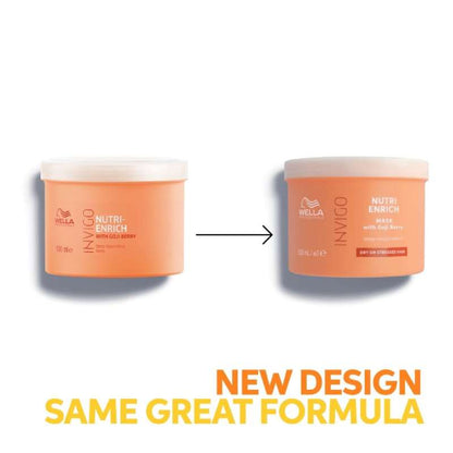 Two containers of Wella Invigo Nutri-Enrich mask with a text overlay indicating 'New Design, Same Great Formula'. 