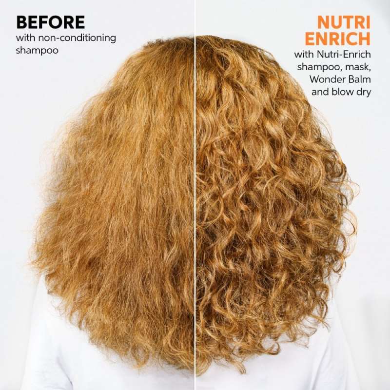 Comparison of hair before and after using wella Nutri-Enrich shampoo, mask, and balm on a white background.