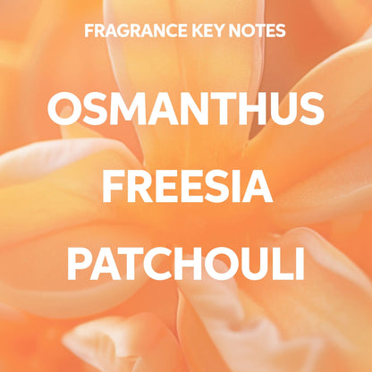 Fragrance key notes text overlay on a floral background with 'Osmanthus', 'Freesia', and 'Patchouli'. wella Nutri-Enrich