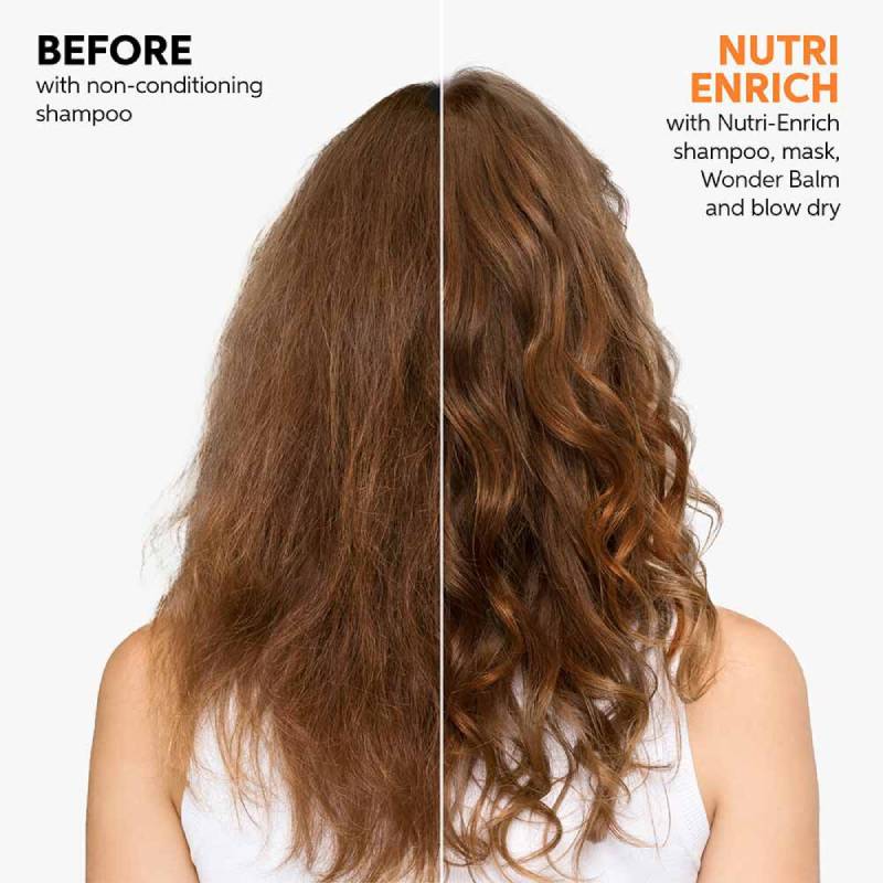 Before and after comparison of hair with Nutri-Enrich shampoo, mask, and balm.