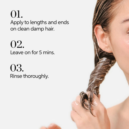Woman with wet hair and hair care instructions on a white background wella enrich mask