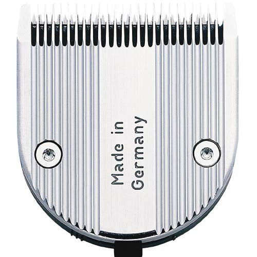 Silver metal hair clipper blade with black teeth and the text 'Made in Germany' printed on the center, shown on a white background.