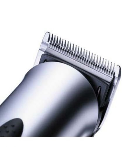 Close-up of a silver electric hair clipper showing the metal cutting comb and body against a white background.