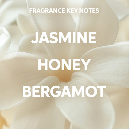 Close-up of white flowers with text overlaying 'FRAGRANCE KEY NOTES' and 'JASMINE HONEY BERGAMOT'. for wella color brilliance