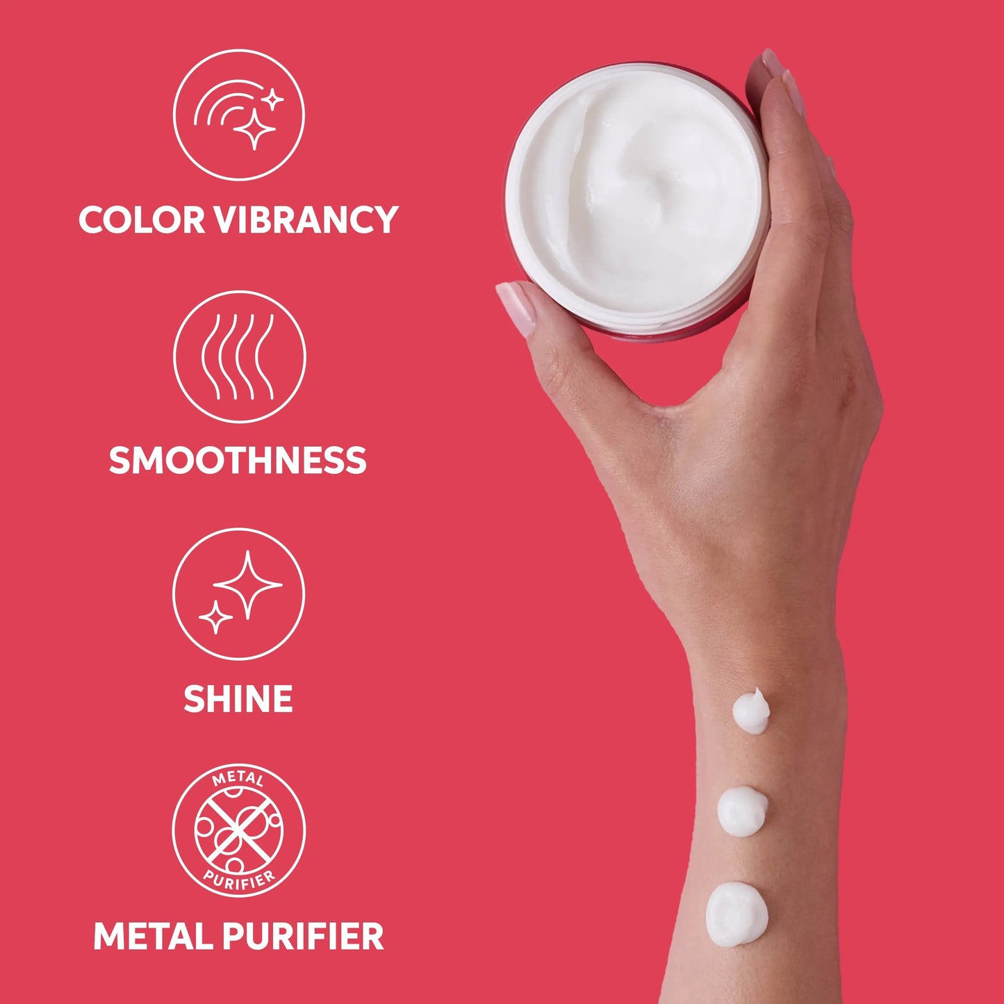 Hand holding a jar of cream with icons and text on a red background wella color briliance mask