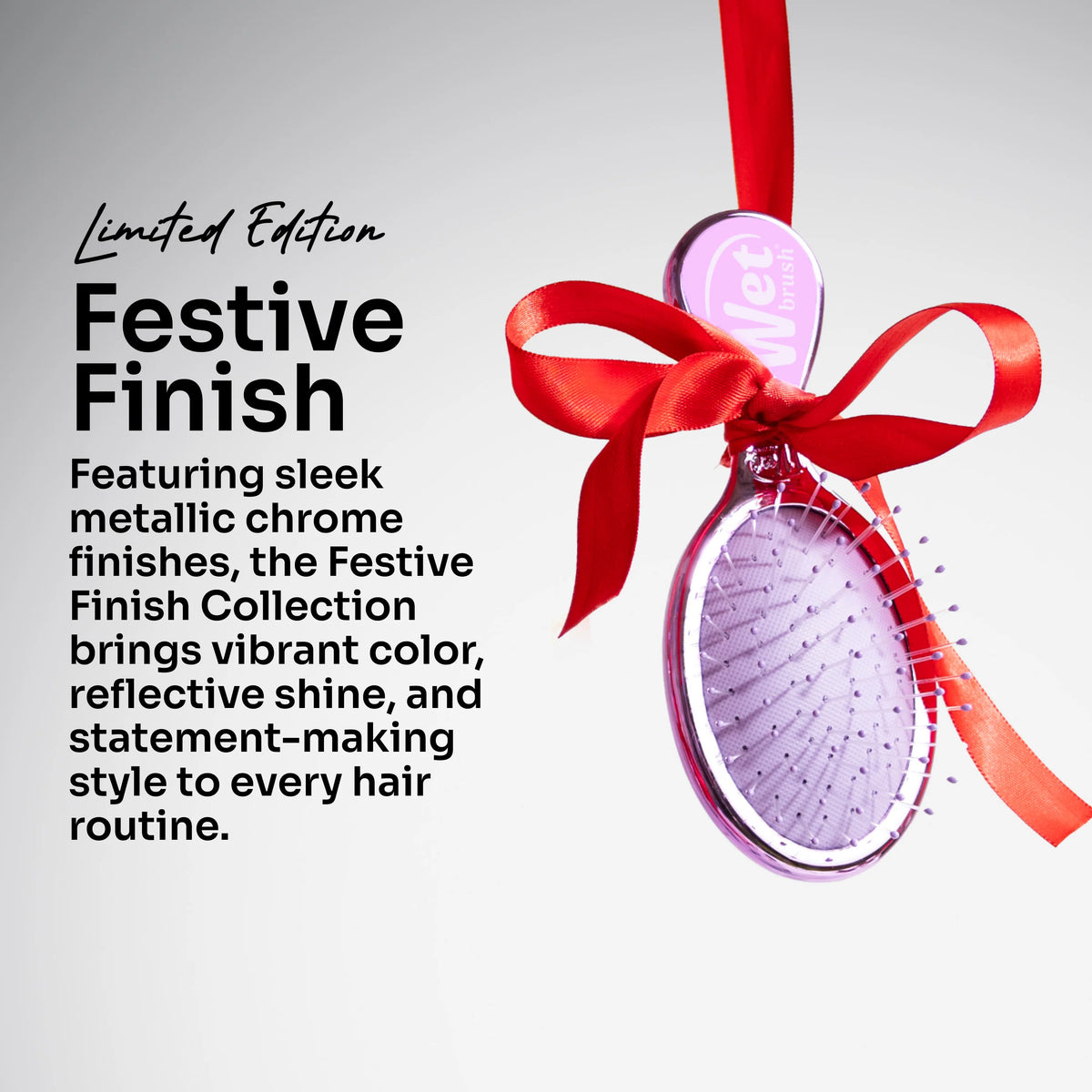 A purple oval hairbrush with metallic chrome accents, tied with a bright red ribbon and bow, on a light gray background with promotional text reading 'Festive Finish' and 'Limited Edition.'.