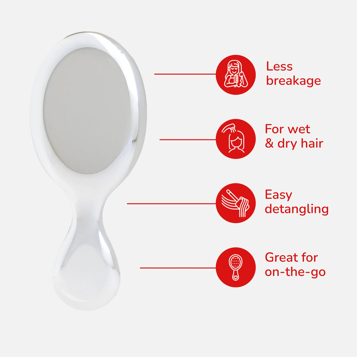 A silver handheld mirror with red informational callouts on a light gray background, including text and icons for less breakage, suitability for wet and dry hair, easy detangling, and great for on-the-go use.