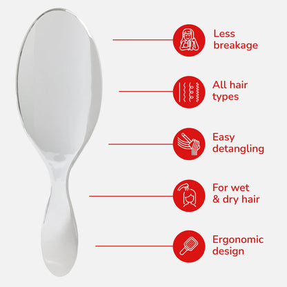 A clear plastic hairbrush shown on a light gray background with five red feature callouts and icons: less breakage, all hair types, easy detangling, for wet & dry hair, and ergonomic design.