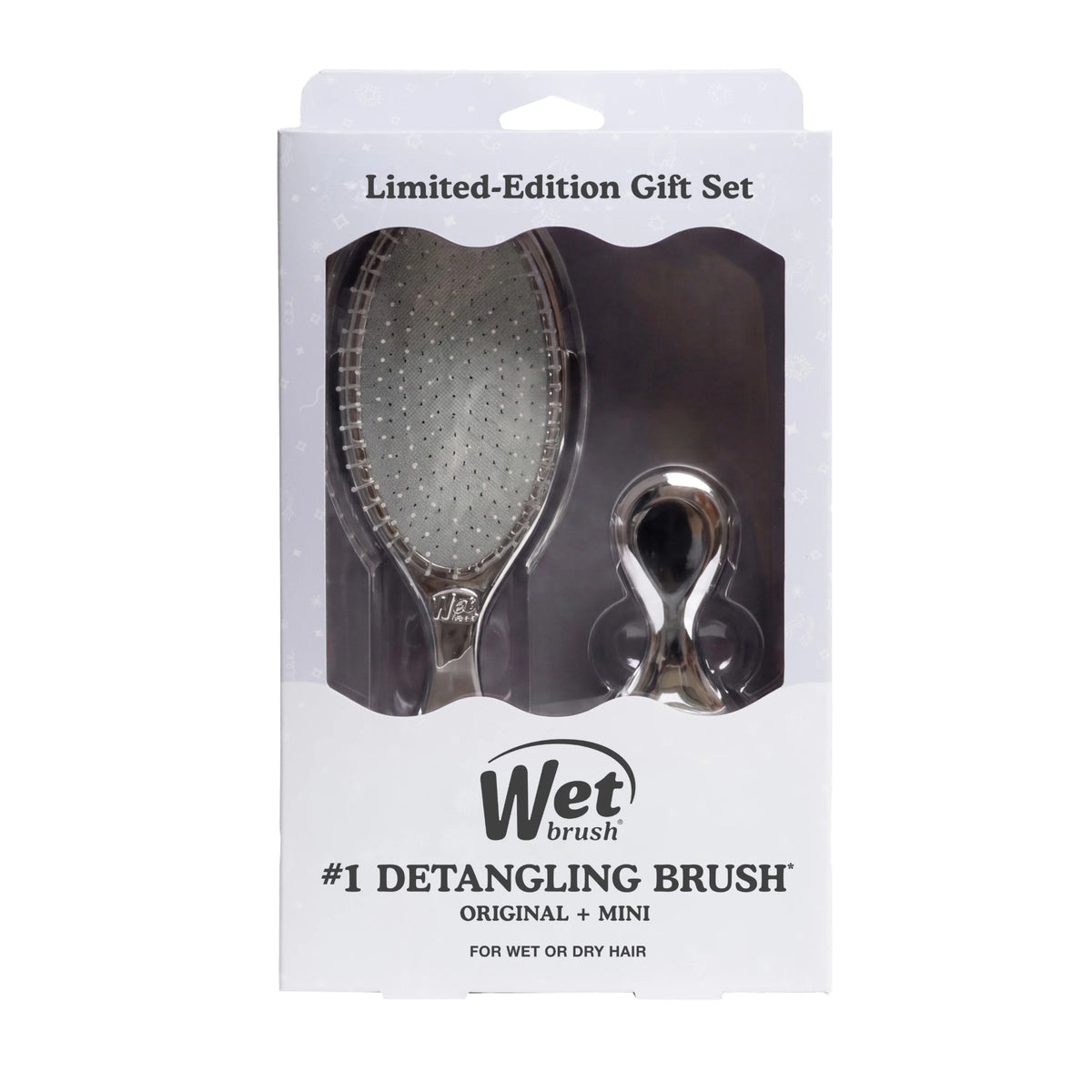 Wet brush limited-edition gift set containing a silver detangling brush and a smaller matching accessory, presented in its original retail packaging.
