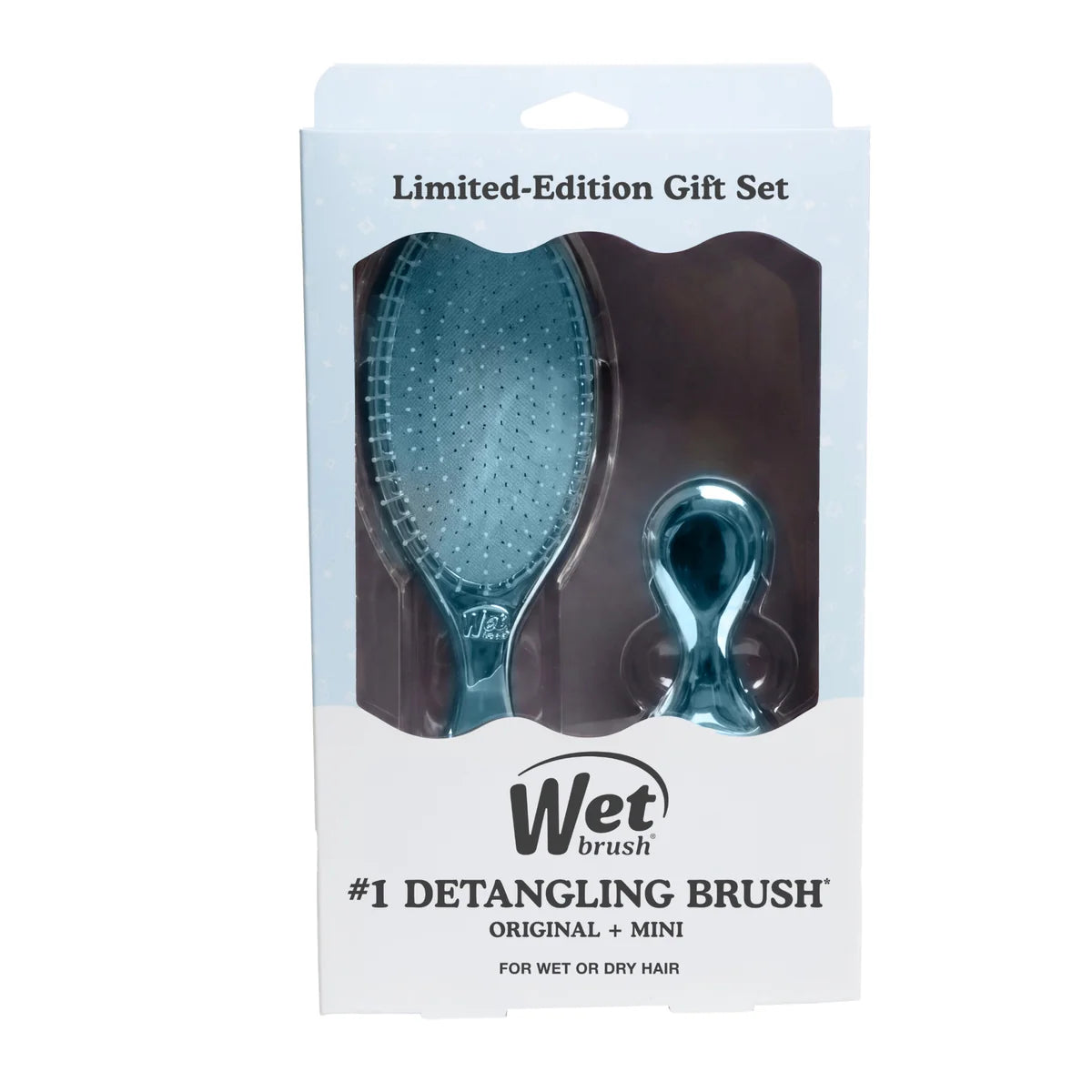 Wet brush limited-edition gift set containing a teal blue detangling brush and a smaller matching accessory, presented in its original retail packaging.