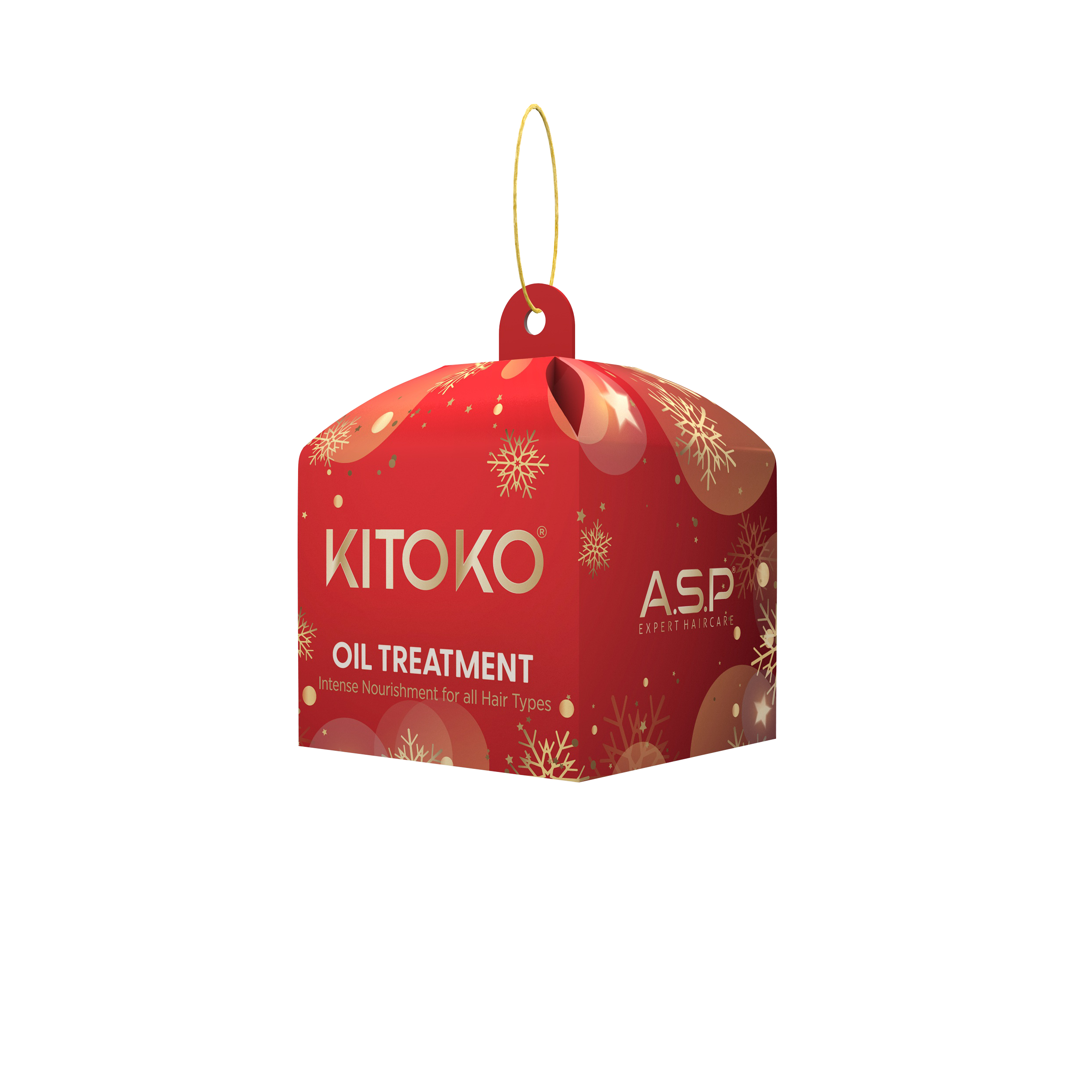 A red hanging box-shaped product package for KITOKO Oil Treatment, featuring gold snowflake patterns and a gold hanging loop, shown on a plain white background.