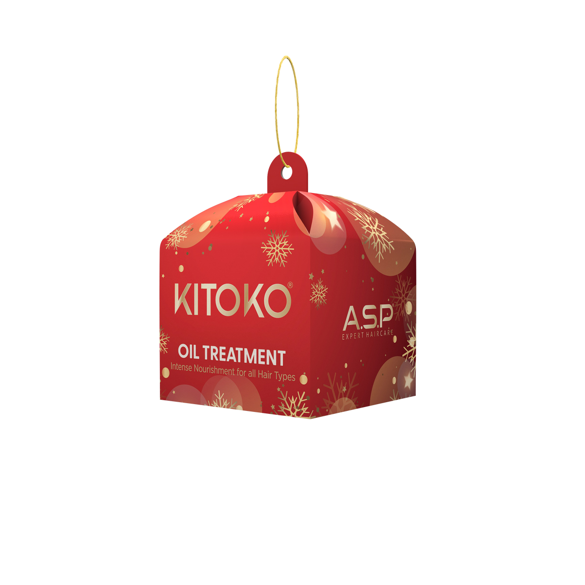 A red hanging box-shaped product package for KITOKO Oil Treatment, featuring gold snowflake patterns and a gold hanging loop, shown on a plain white background.