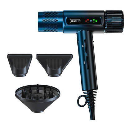 Blue Wahl hair dryer with attachments on a white background