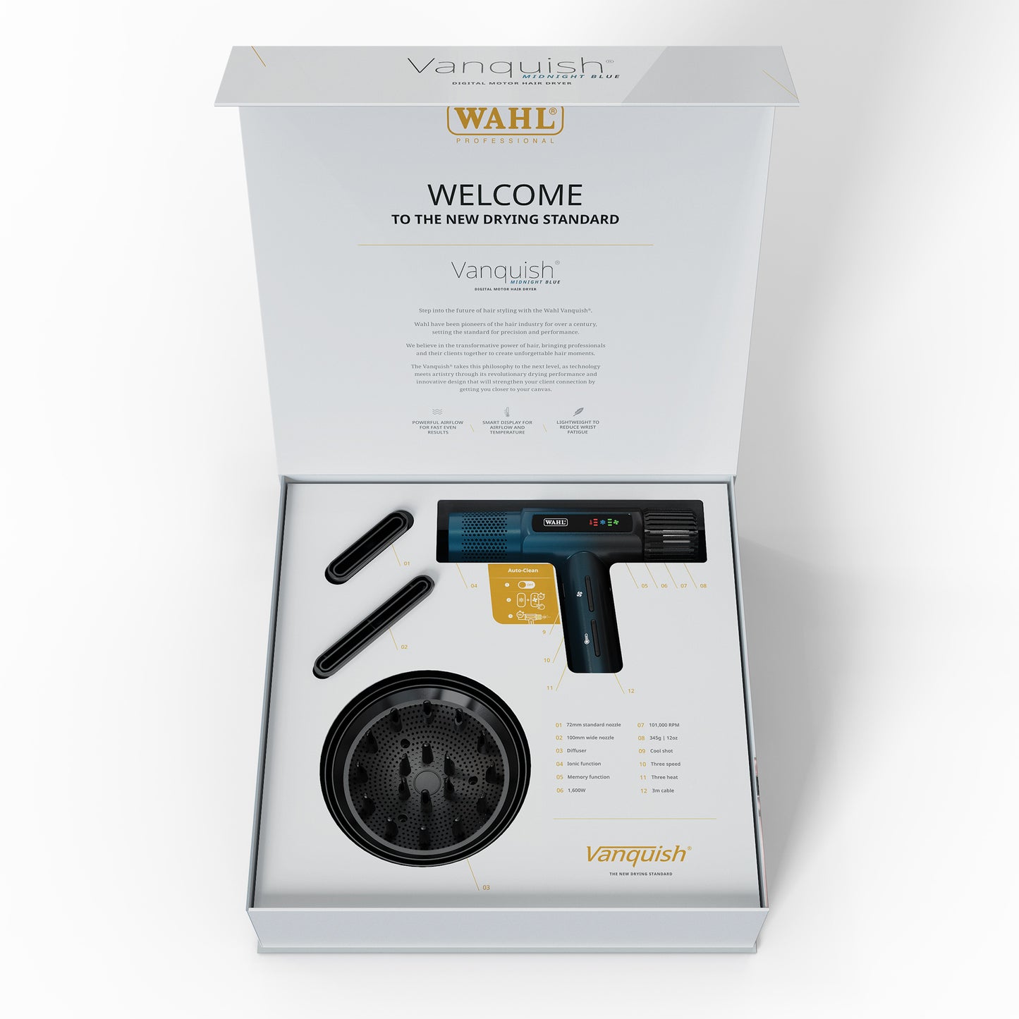 Wahl Vanquish hair dryer packaging on a white background