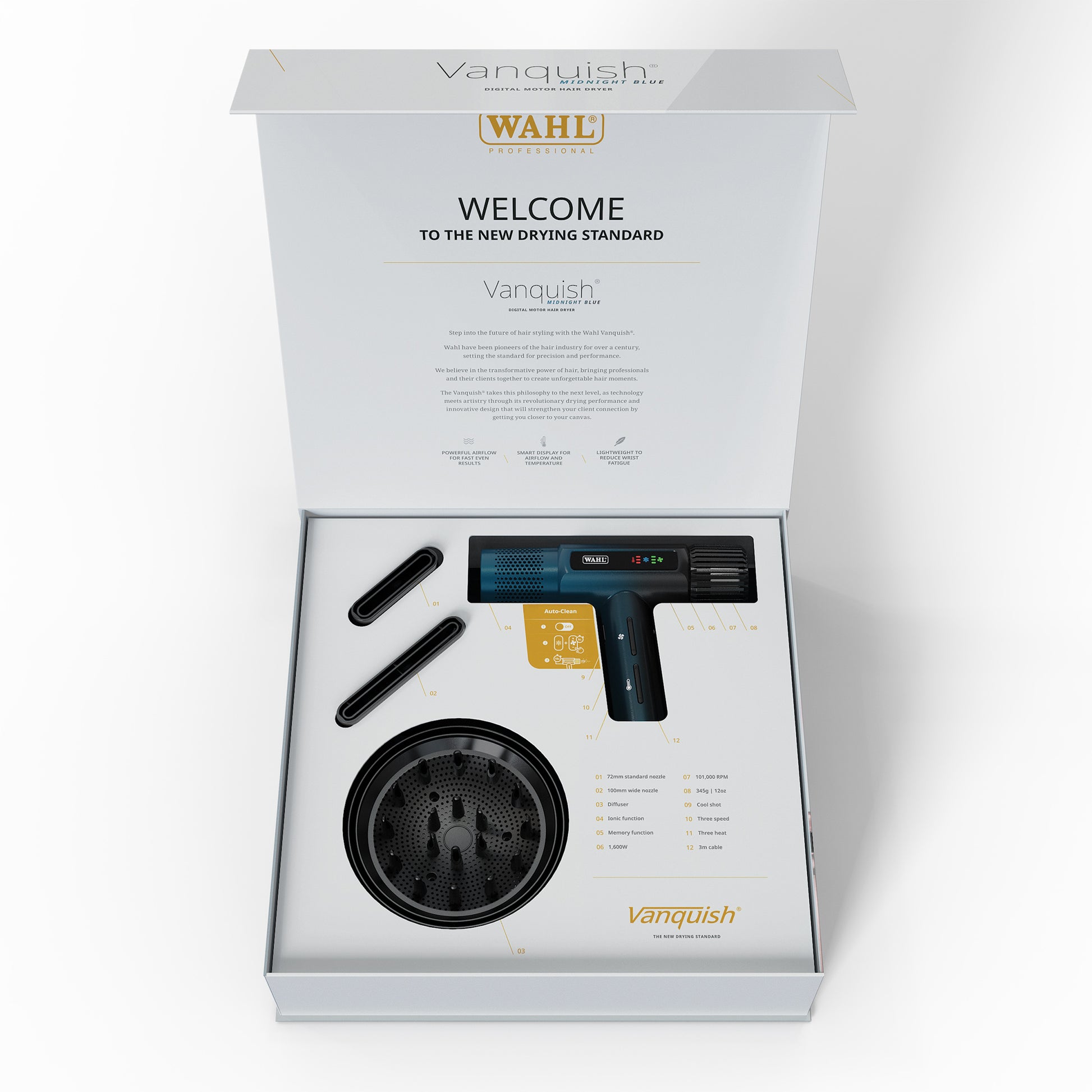 Wahl Vanquish hair dryer packaging on a white background