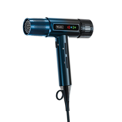 Blue Wahl hair dryer on a white background