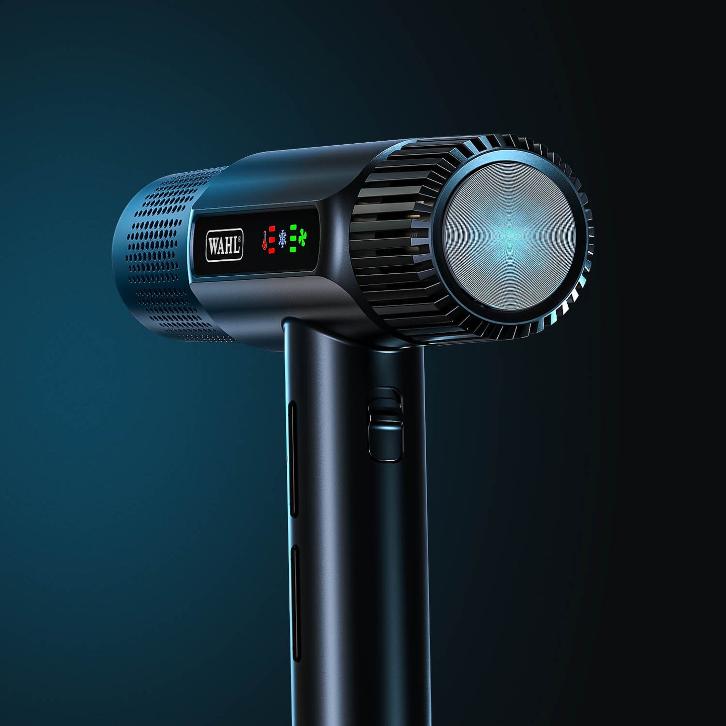 Black hair dryer with digital display on a dark background