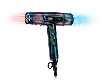 Hair dryer with colorful light effects on a white background