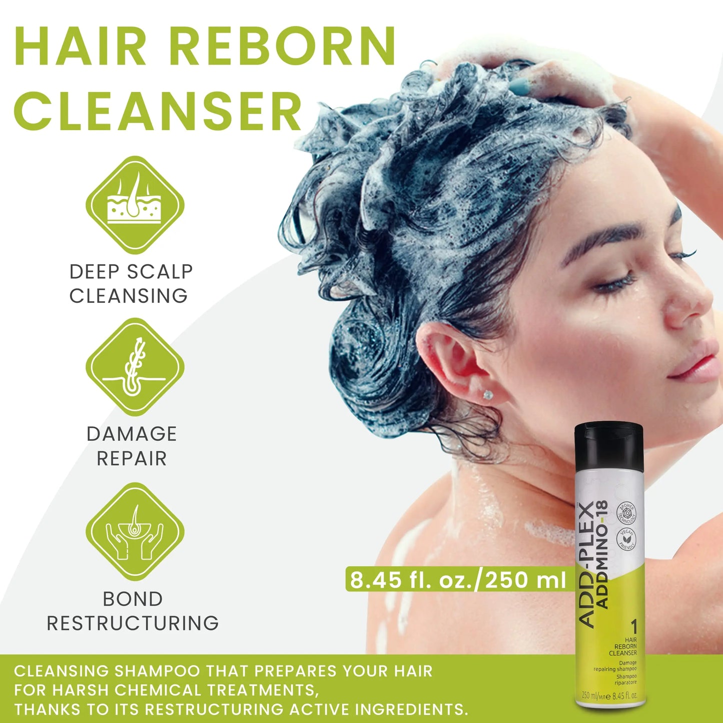 Woman washing her hair with a bottle of AddiFlex Shampoo on a white background