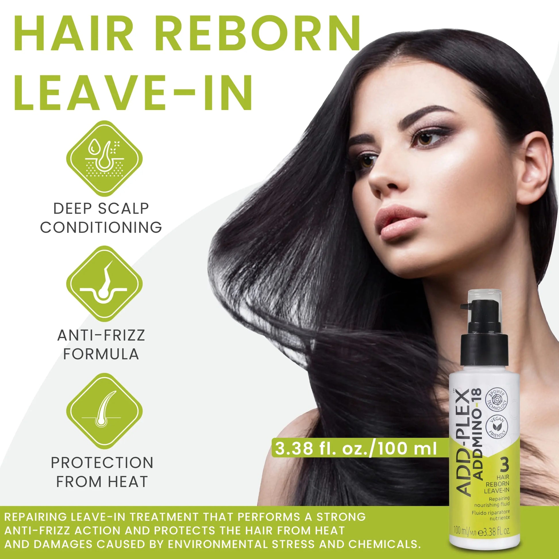 Hair care product advertisement with a woman and product packaging on a green background