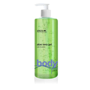 A bottle of Strictly Professional Aloe Vera Gel with a pump dispenser, labeled for soothing skin irritation.