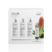 A product image featuring a facial kit by Strictly Professional with four items including Purifying Cleanser, Clarifying Toner, Replenishing Moisturiser, and Renew Serum, packaged in a box with a green plant background.